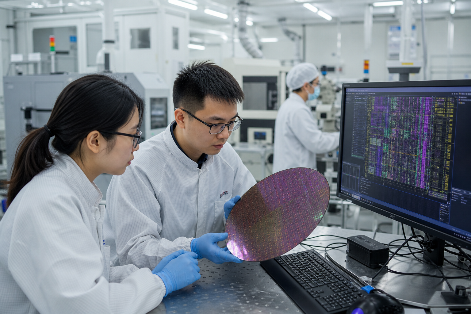 Editorial illustration of engineers reviewing a semiconductor wafer and chip layout inside a Penang advanced manufacturing laboratory