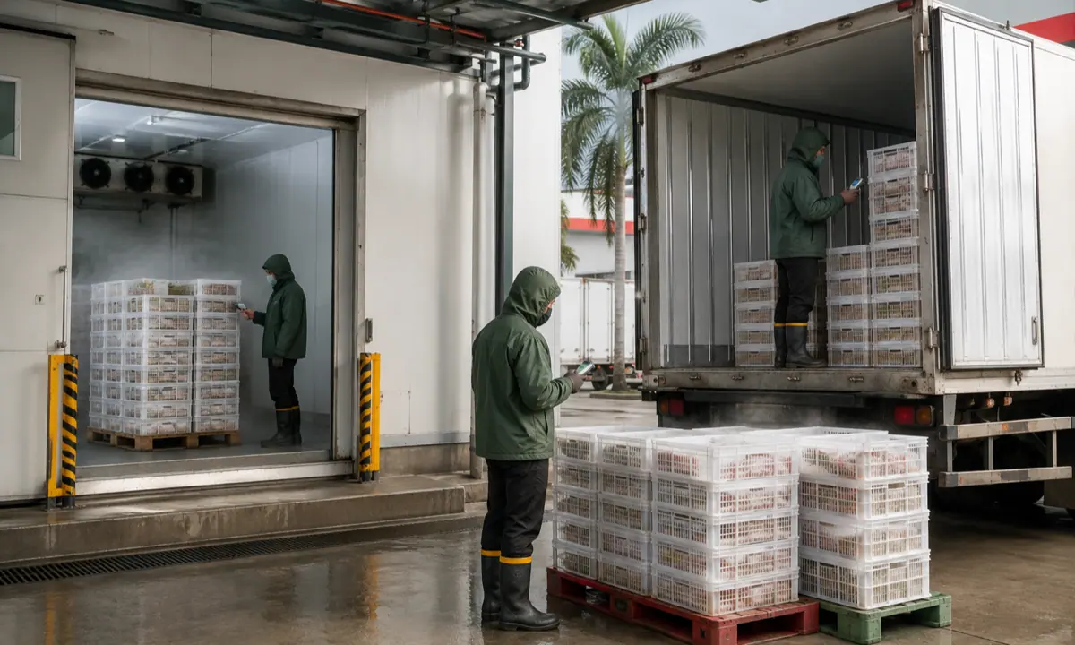 Workers inspect refrigeration systems and pallet flow inside an Indonesian cold-storage facility.