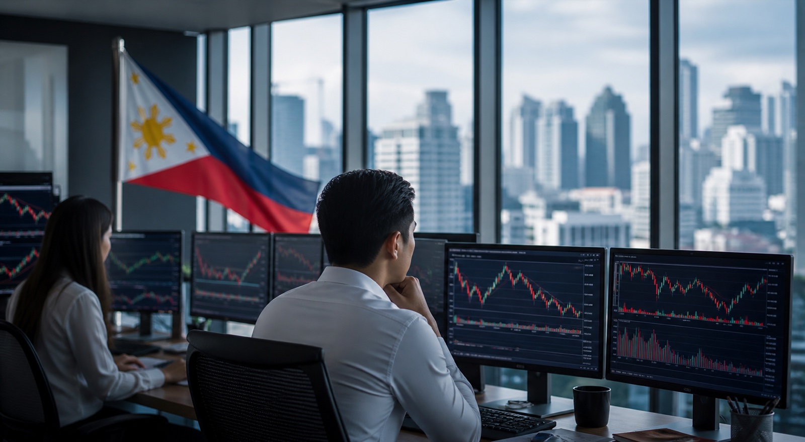 Illustrative scene of analysts monitoring Philippine financial markets.