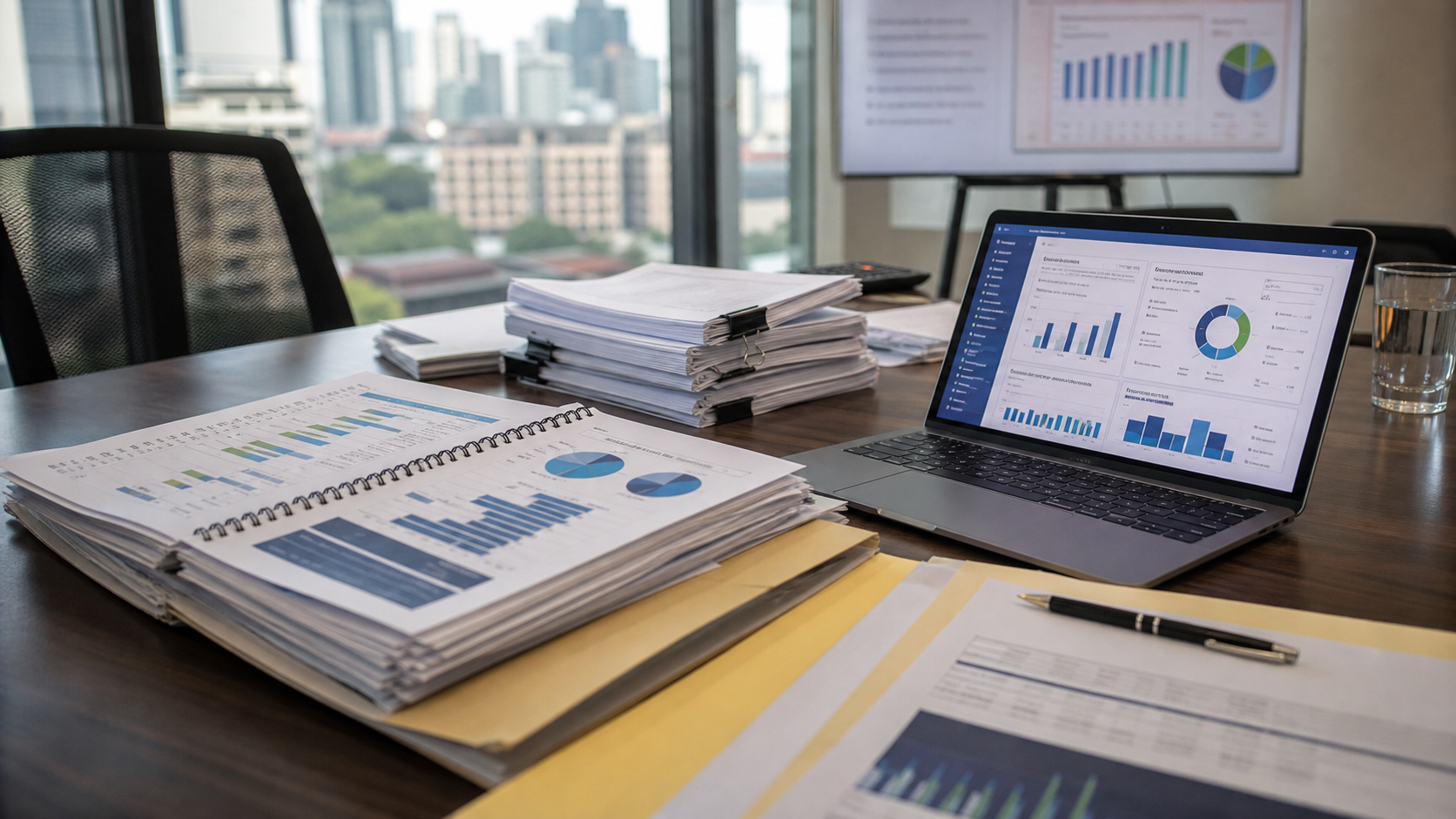 Public-finance materials with charts, budget papers and city background.