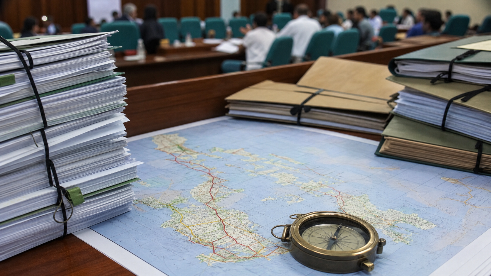 Public-finance reform hearing room with budget files, Philippines planning map and monitoring compass.