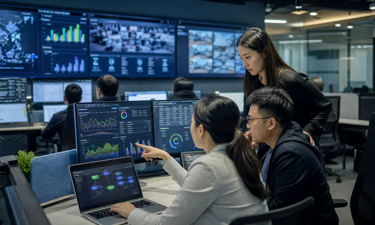 Editorial illustration of a regulated digital platform connecting operations, compliance and an AI pilot in the Philippines.