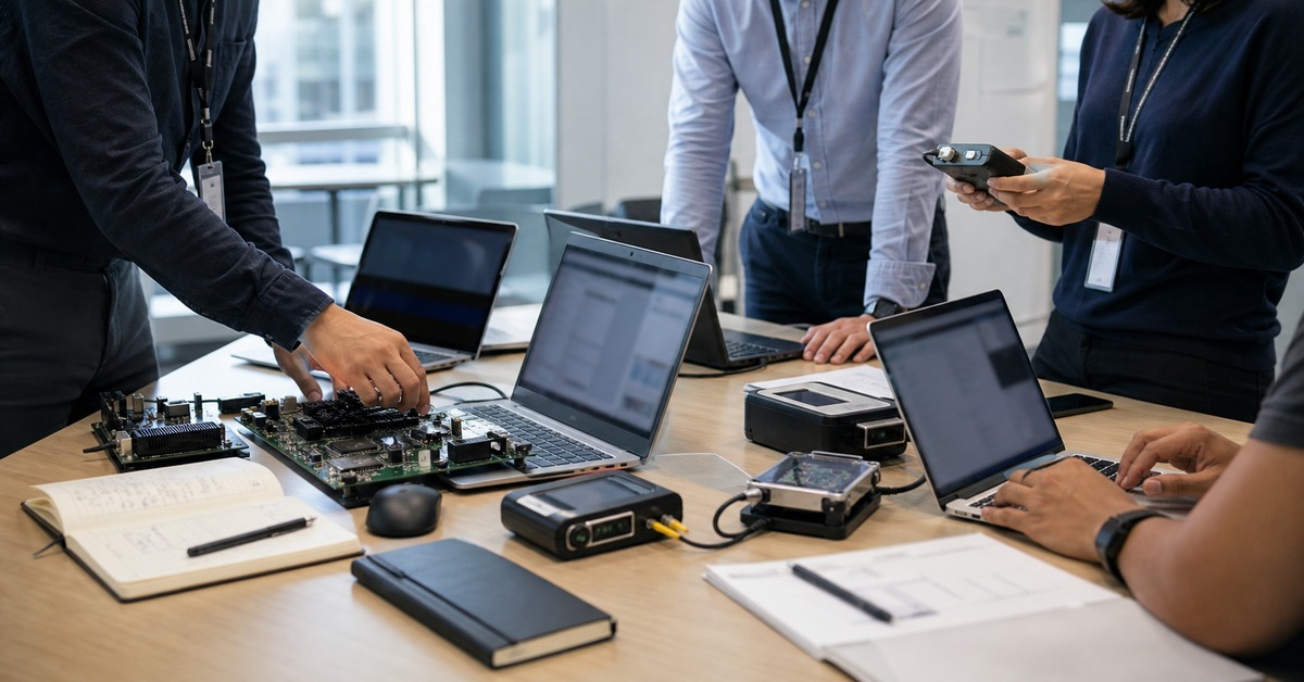 Deep-tech startup workspace with laptops, prototype hardware and pilot evaluation equipment.