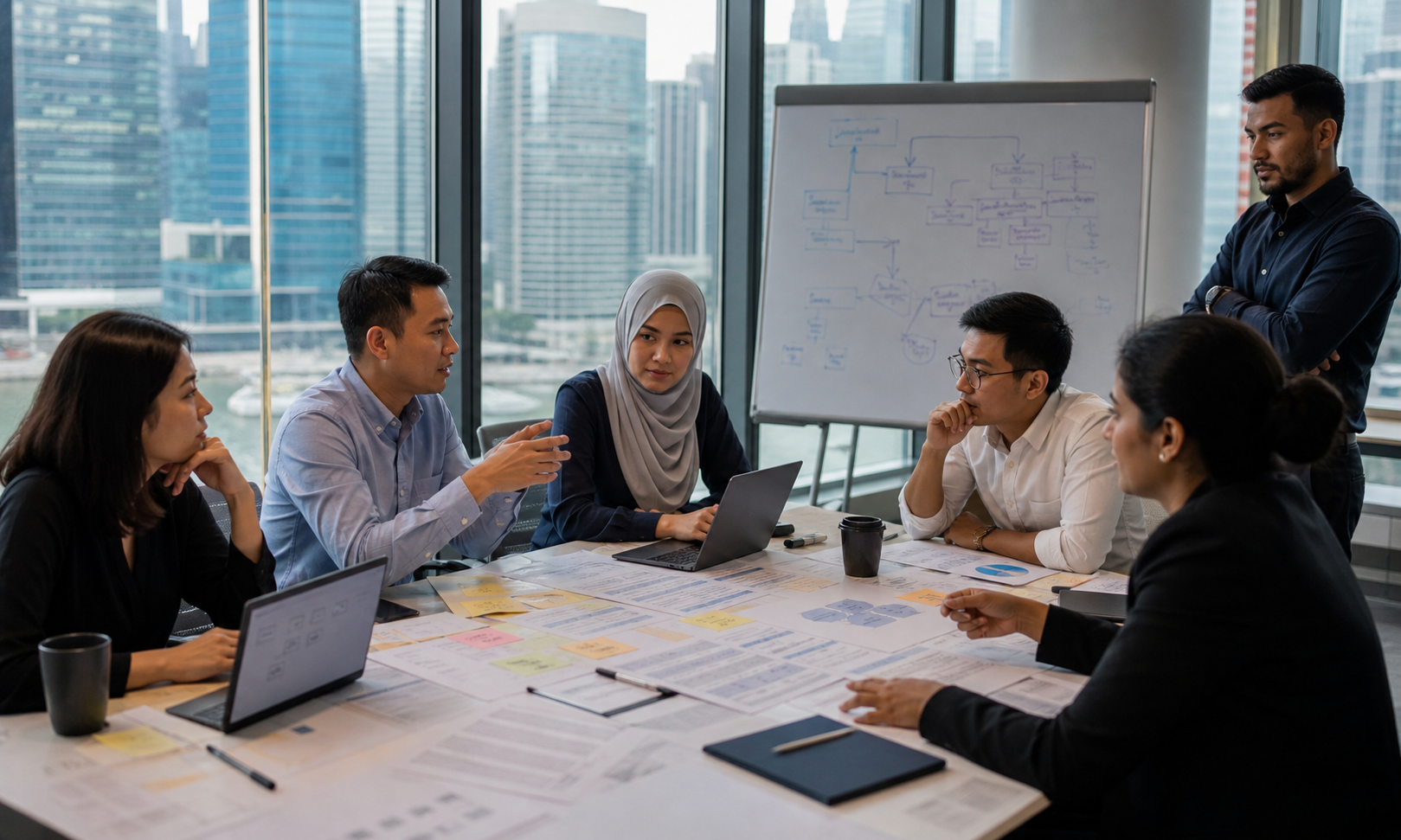 Compliance and technology specialists mapping blockchain controls around a regional financial network.