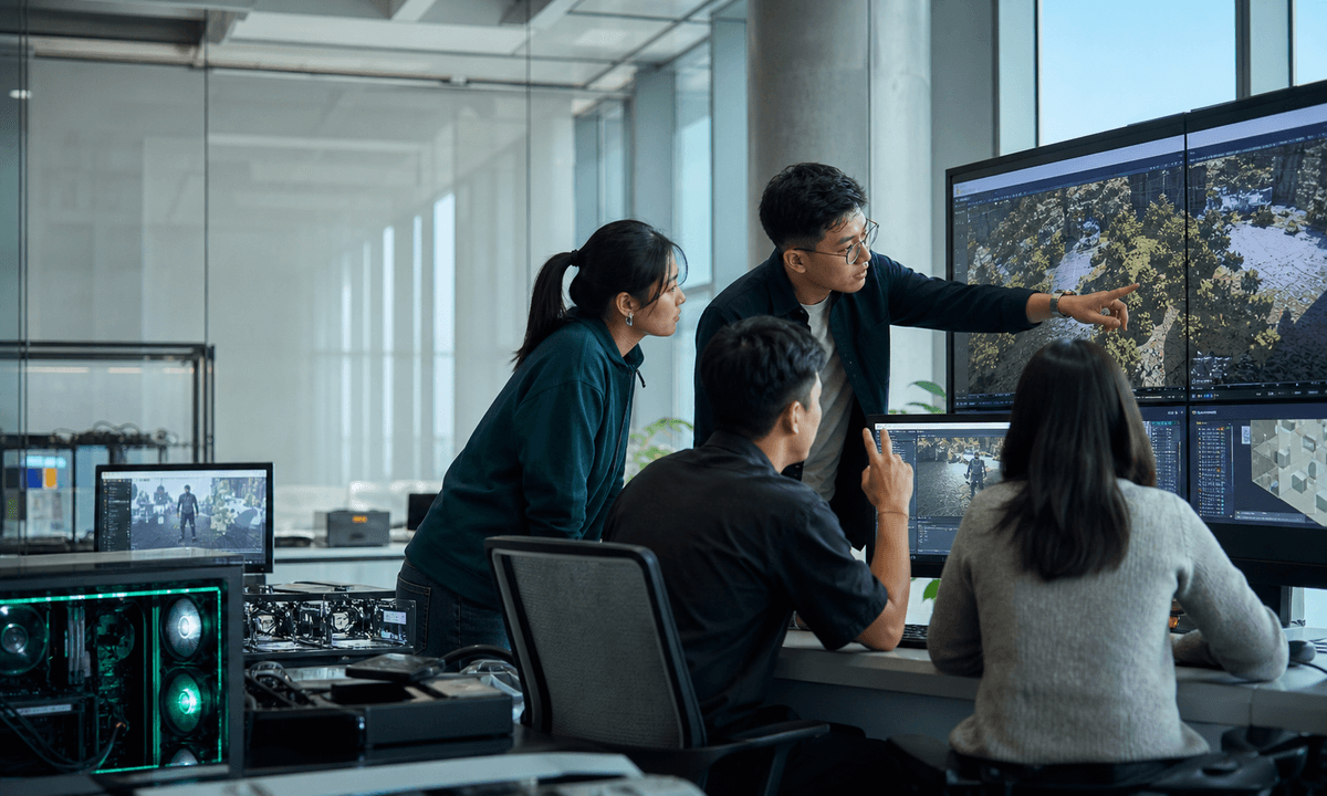 Researchers review an artificial-intelligence simulation in a modern Singapore laboratory.