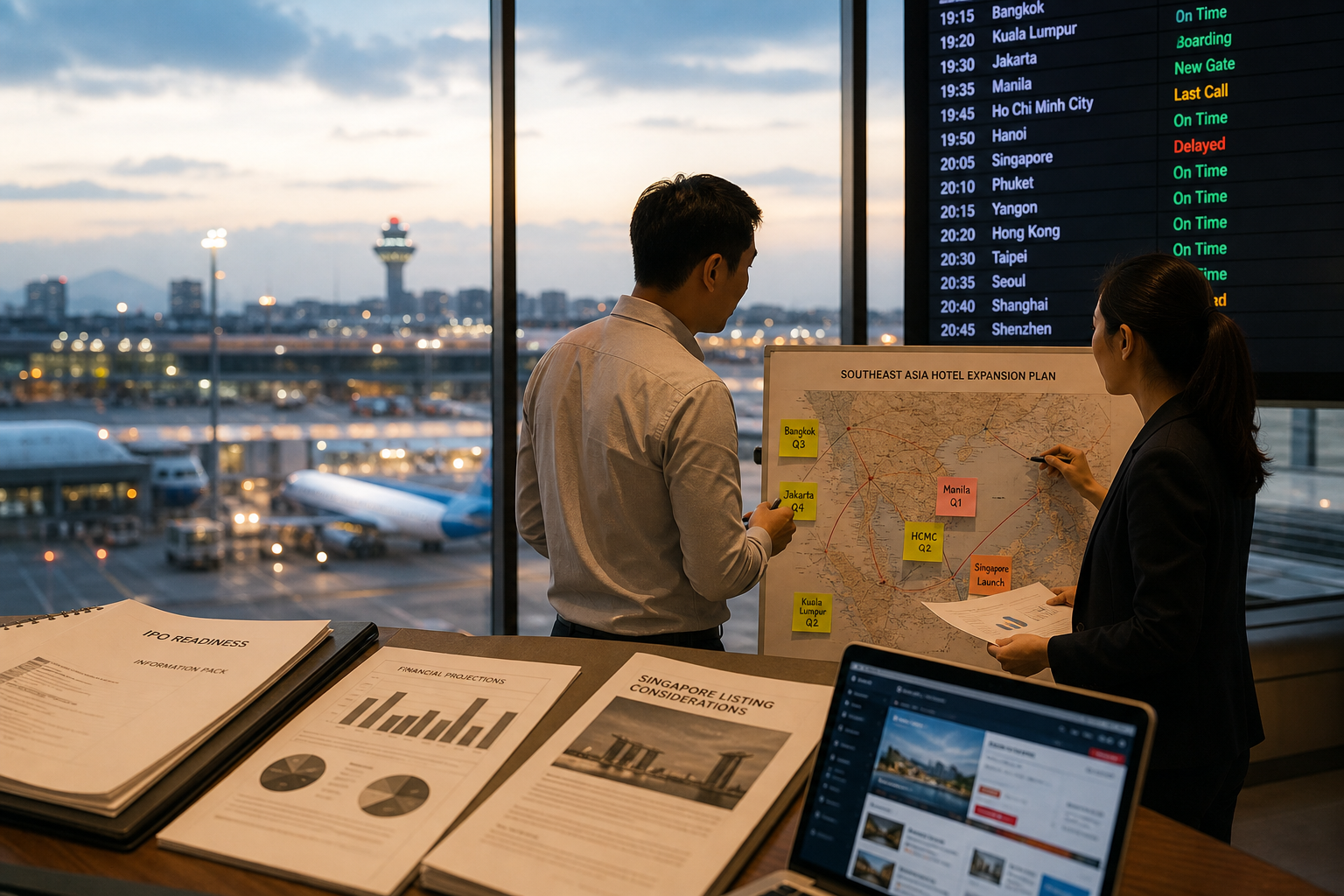 Airport-side hotel expansion map, IPO readiness papers and Singapore listing planning materials.