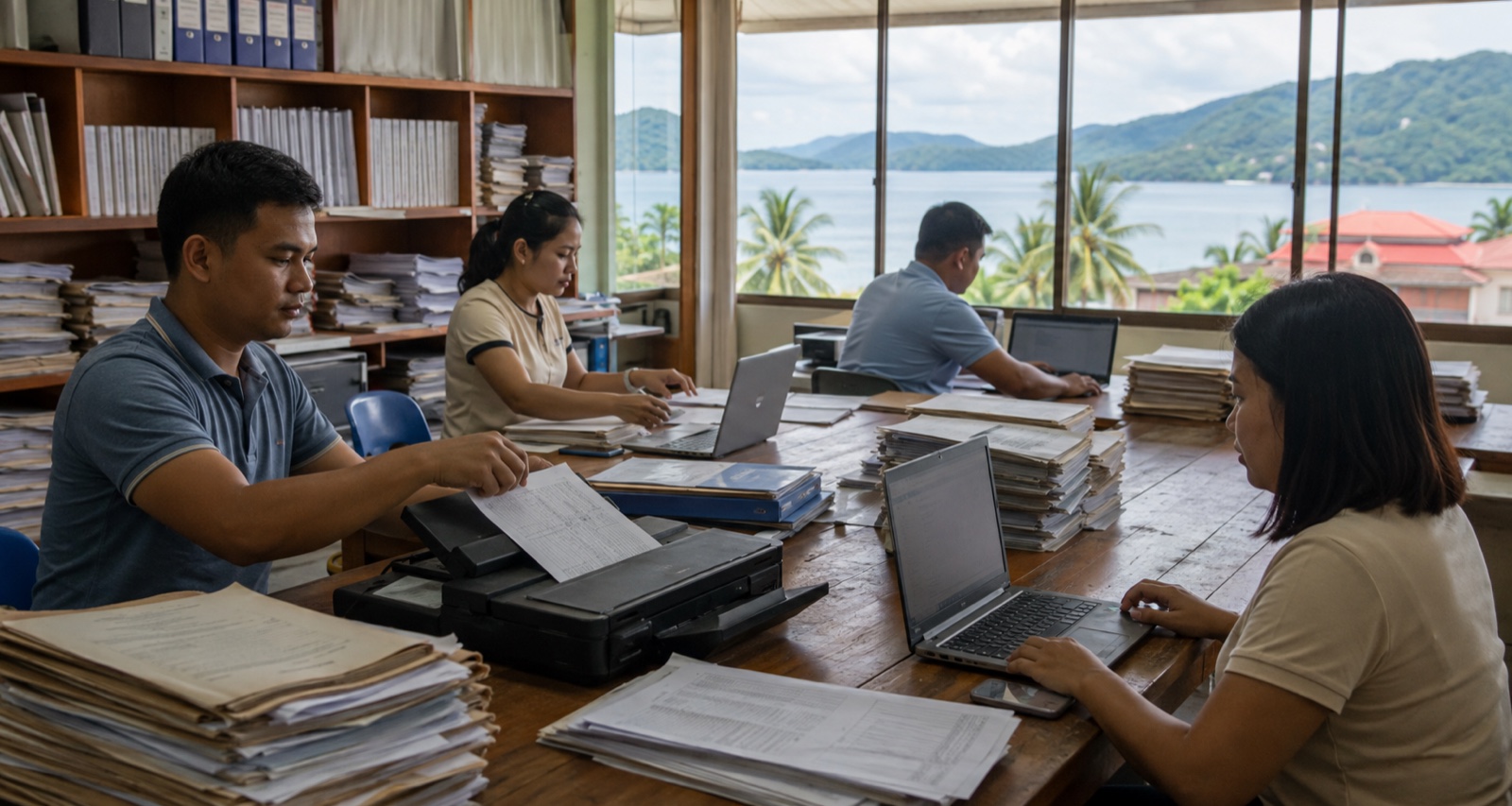 Illustrative scene of a Philippine provincial office digitising legislative records.