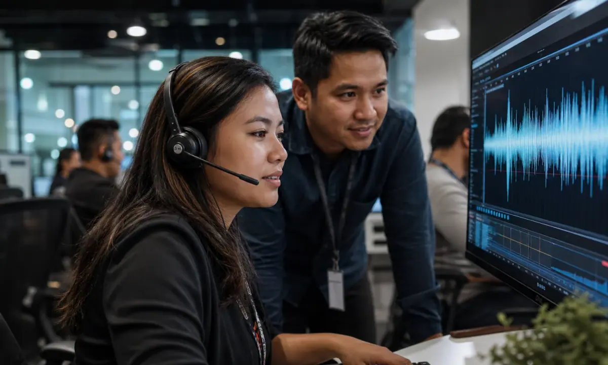 Filipino customer-experience professionals review a speech waveform while testing headset technology.