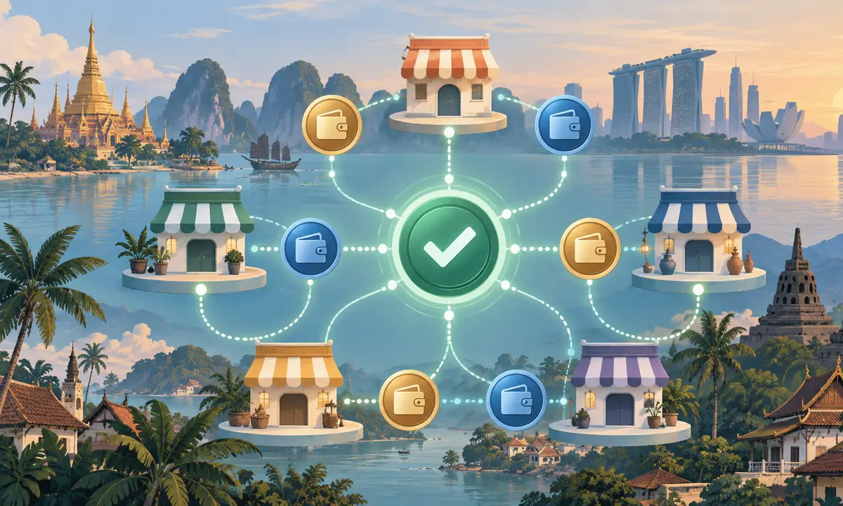 Illustrated permission network connecting Southeast Asian merchants and payment wallets.