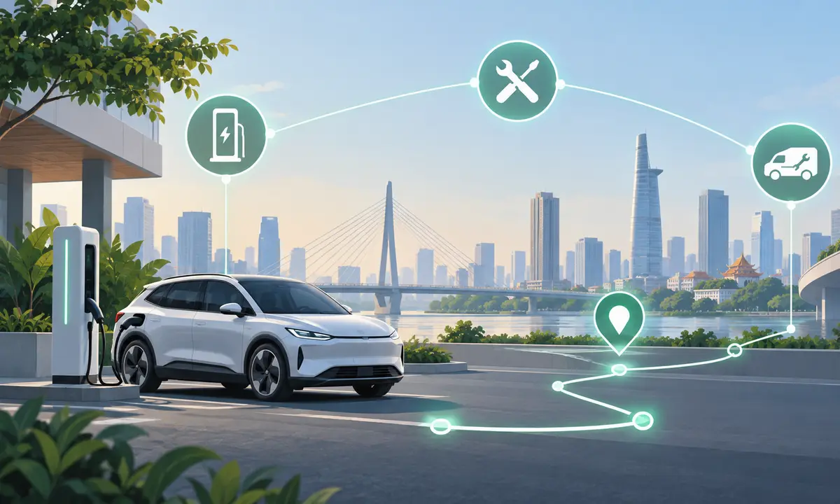 Illustrated electric-mobility operations network with vehicle, charging point and route coordination.