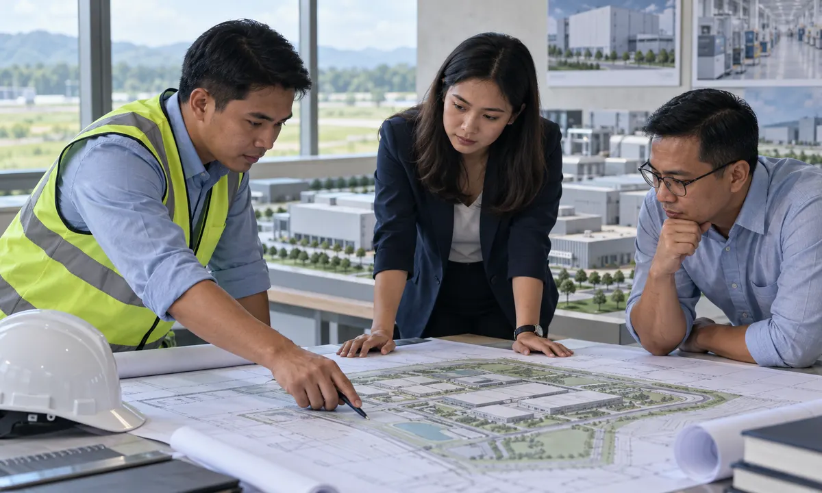 Filipino engineers and a planner review an advanced-manufacturing site plan.