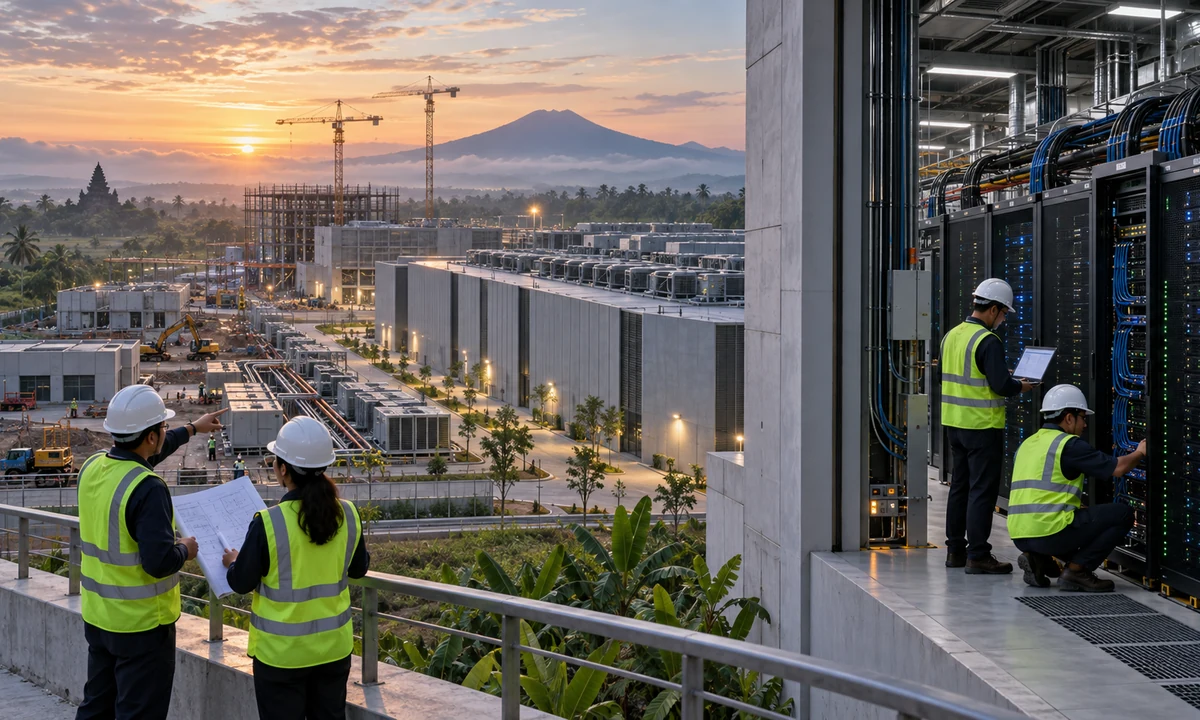 Engineers oversee a data-centre campus under construction in Indonesia with high-capacity compute infrastructure.