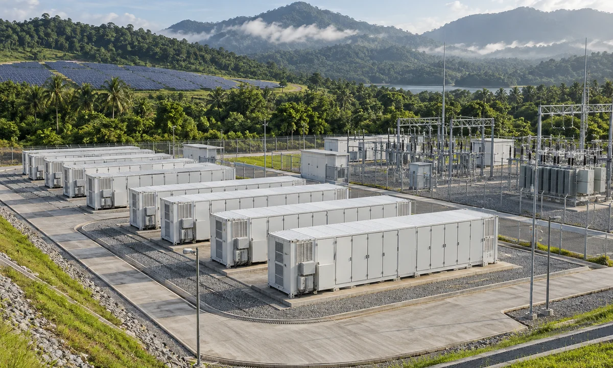 Illustrative battery containers and electrical switchgear beside solar panels in a tropical landscape.