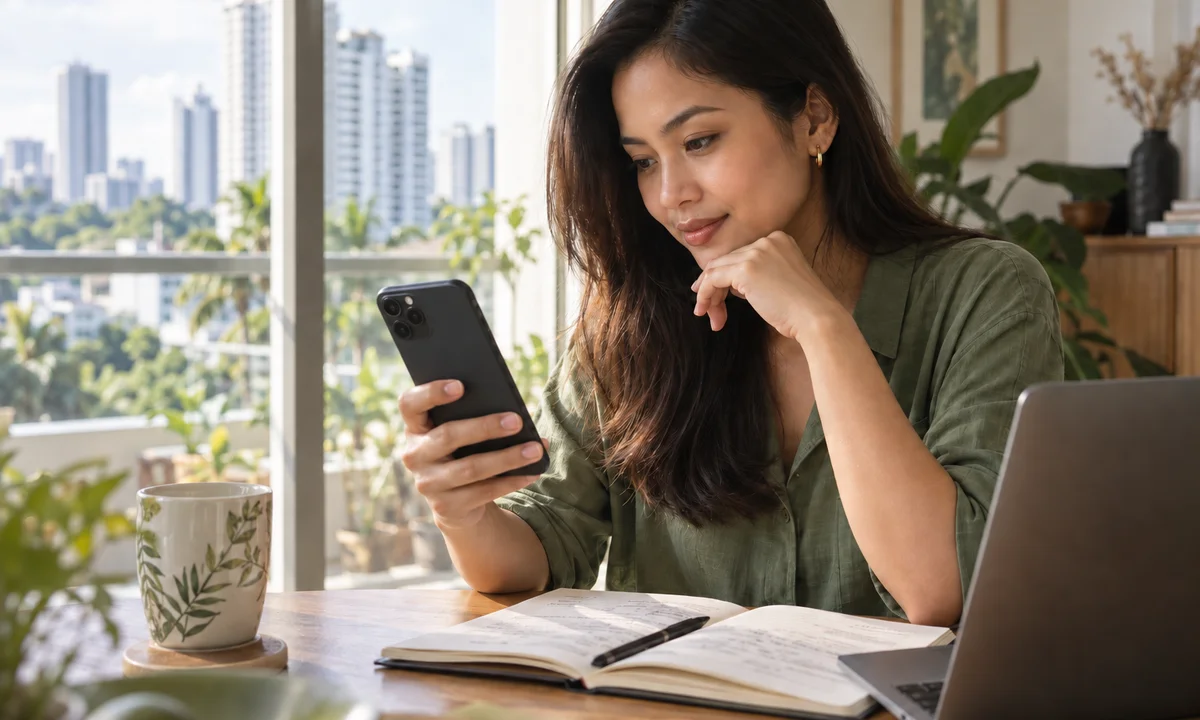 Illustrative consumer considering information on a smartphone beside a notebook and laptop.