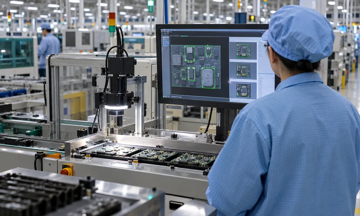 An engineer reviews a camera-based circuit-board inspection station on a modern electronics production line.