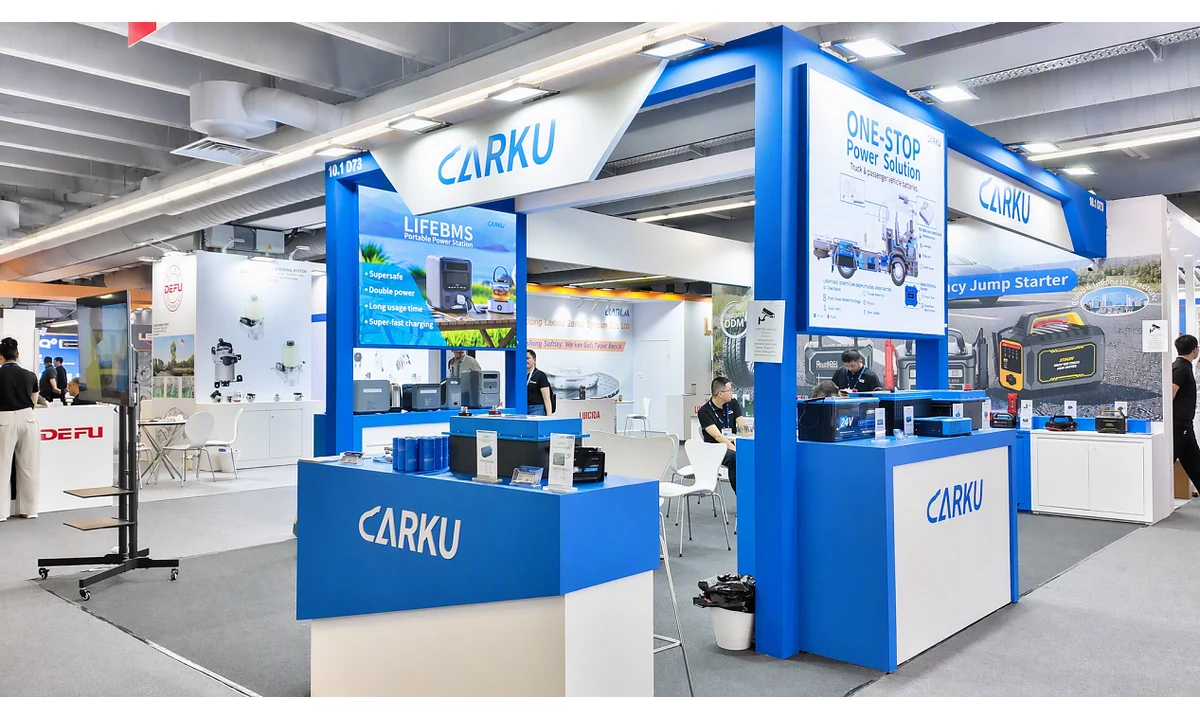 CARKU display at Automechanika Frankfurt showing jump starters and battery products.