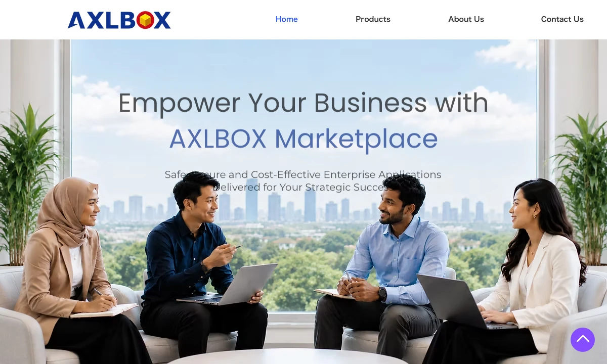 Official AXLBOX marketplace website showing its enterprise software offering and branding.