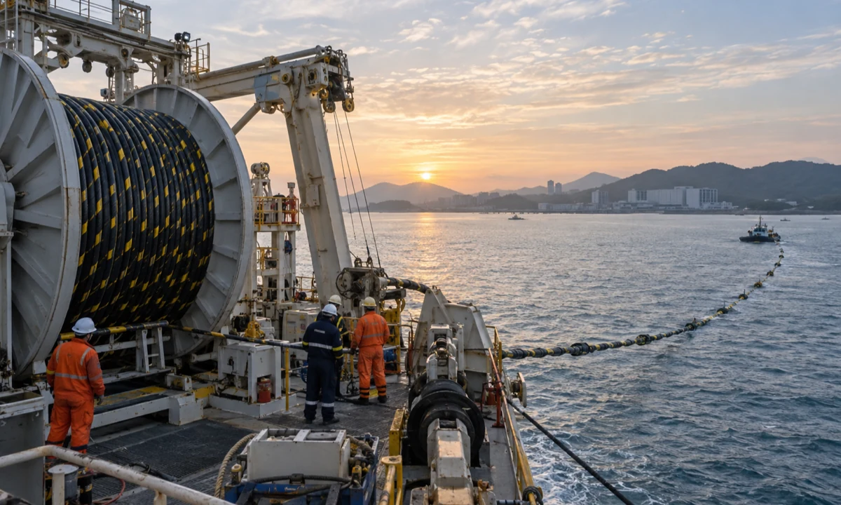 Marine engineers work with a subsea cable reel on a cable-laying vessel near a Southeast Asian coast.