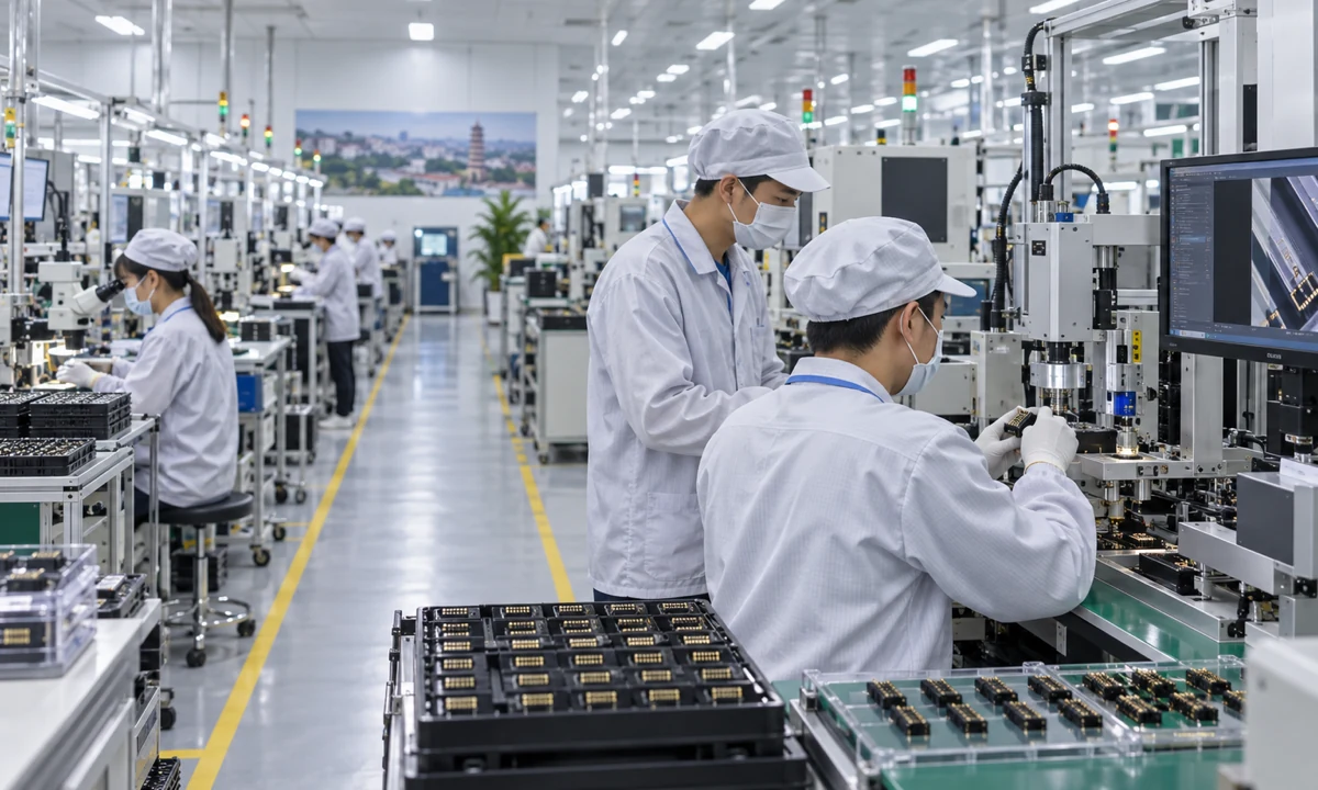 Technicians work on precision electronics connector production equipment in a modern Vietnam manufacturing facility.