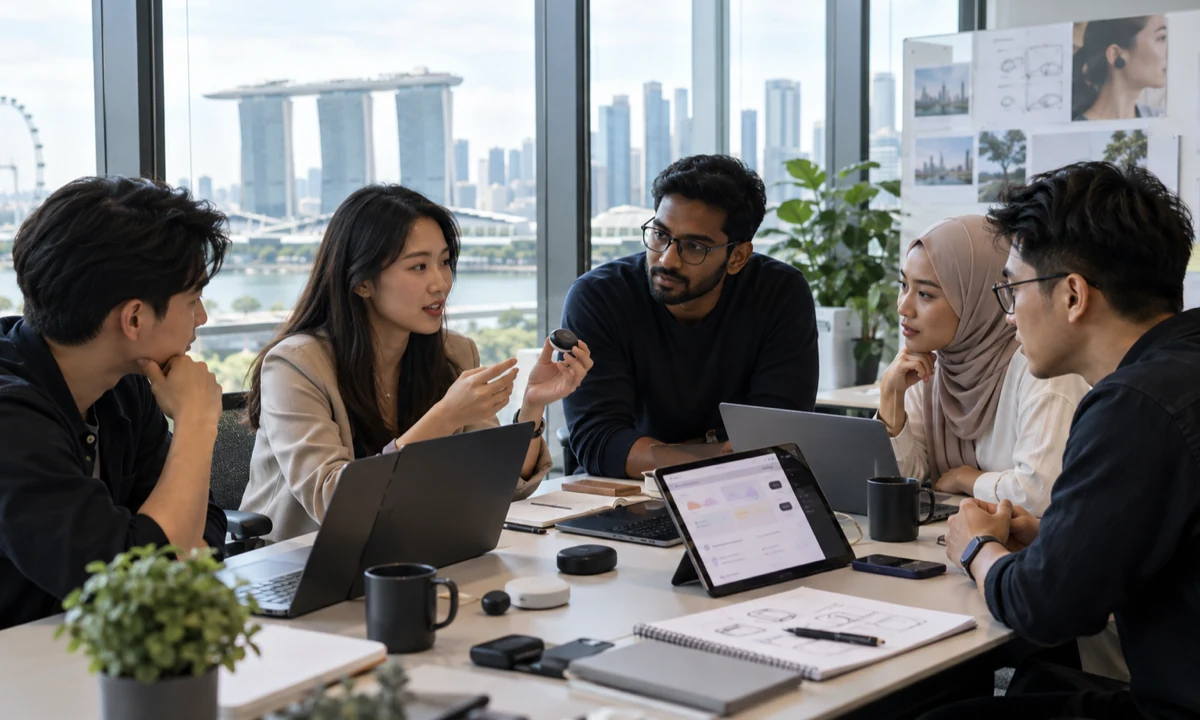 An Asia-Pacific product team reviews wearable AI hardware and regional workflows in a Singapore office.
