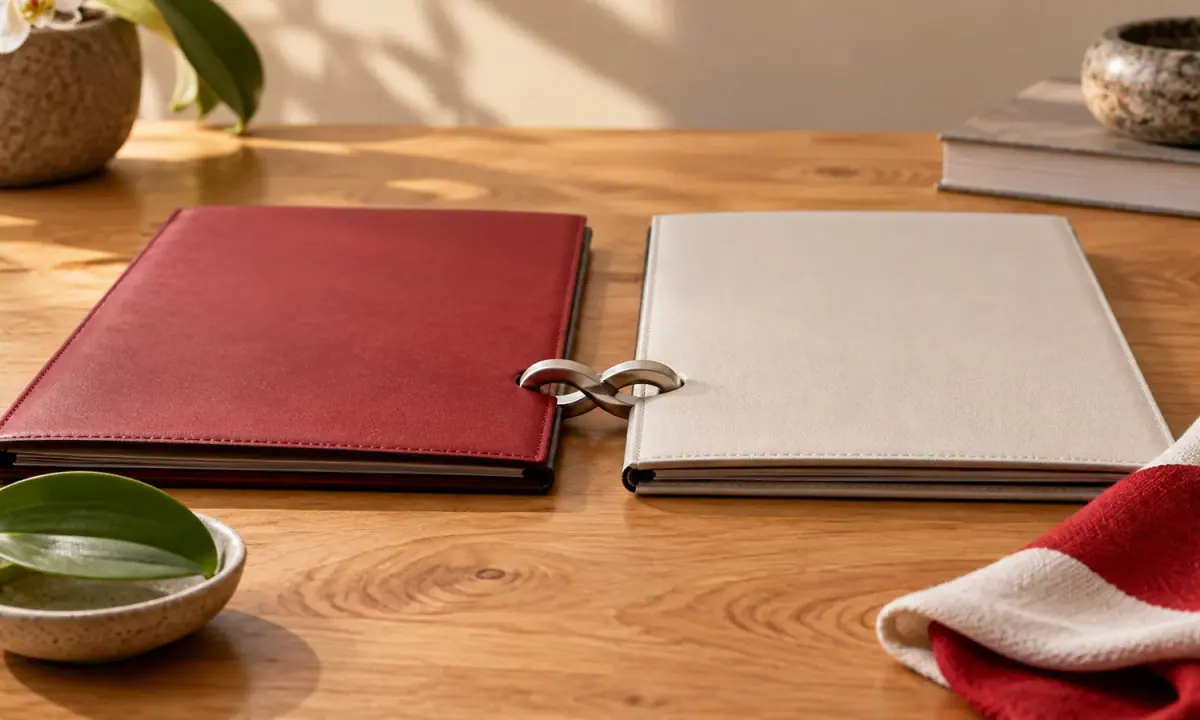 Editorial still life of two unbranded partnership folders joined by a silver clasp on a maple desk.