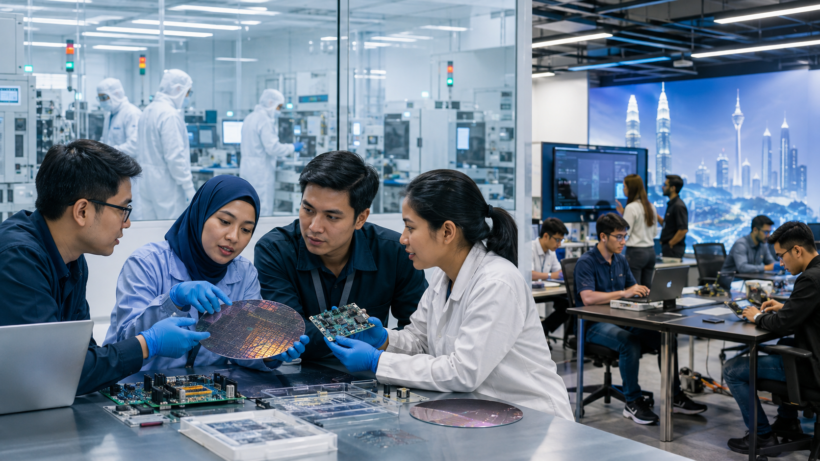 Illustrative Malaysian semiconductor startup lab with engineers reviewing wafers and prototype boards.
