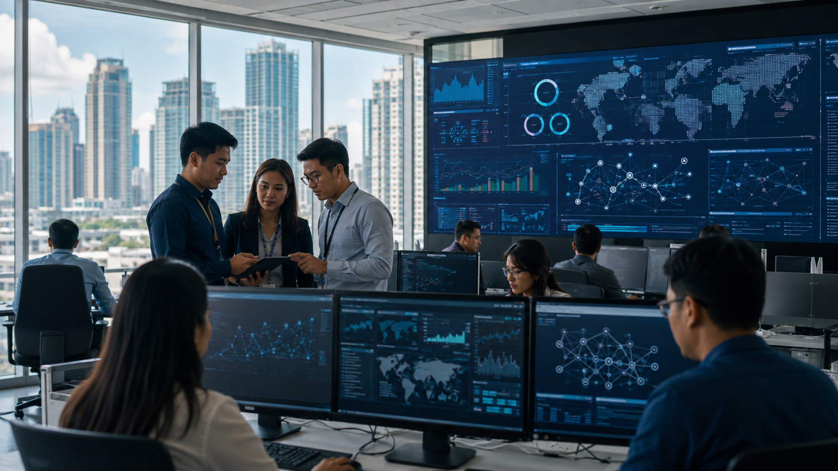 Illustrative Manila operations room with Southeast Asian cybersecurity professionals reviewing transaction risk patterns.