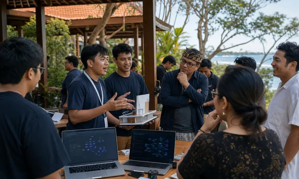 Indonesian software builders demonstrate a working prototype to mentors at an open-air event in Bali.