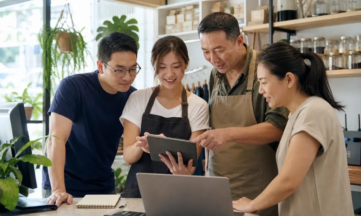 A Singapore events-business team coordinates customer requests, scheduling and fulfilment in a compact retail studio.