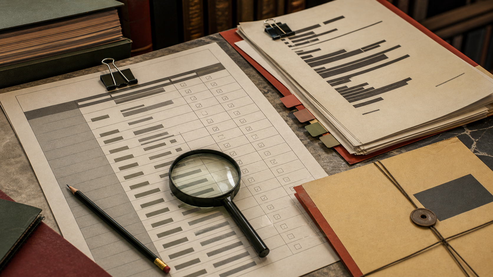 A procurement assurance evidence matrix with redacted vendor-risk files, review tabs and a magnifying glass.