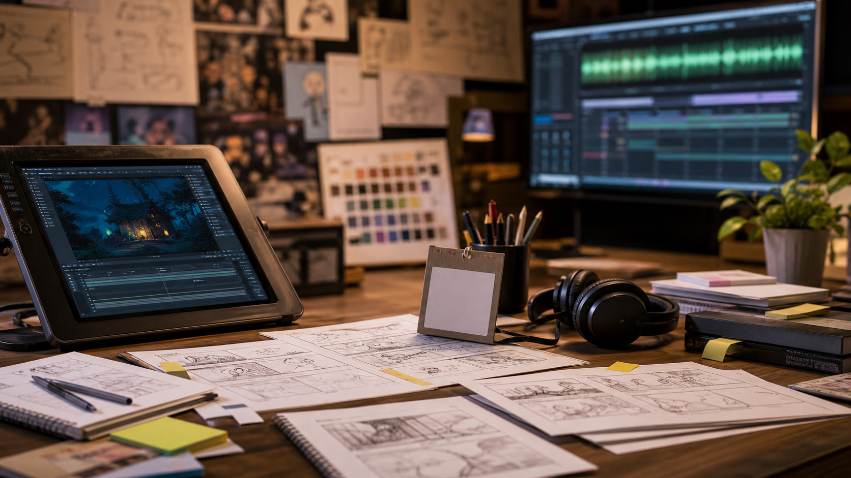 Animation production materials with storyboard frames, colour references and audio timeline.