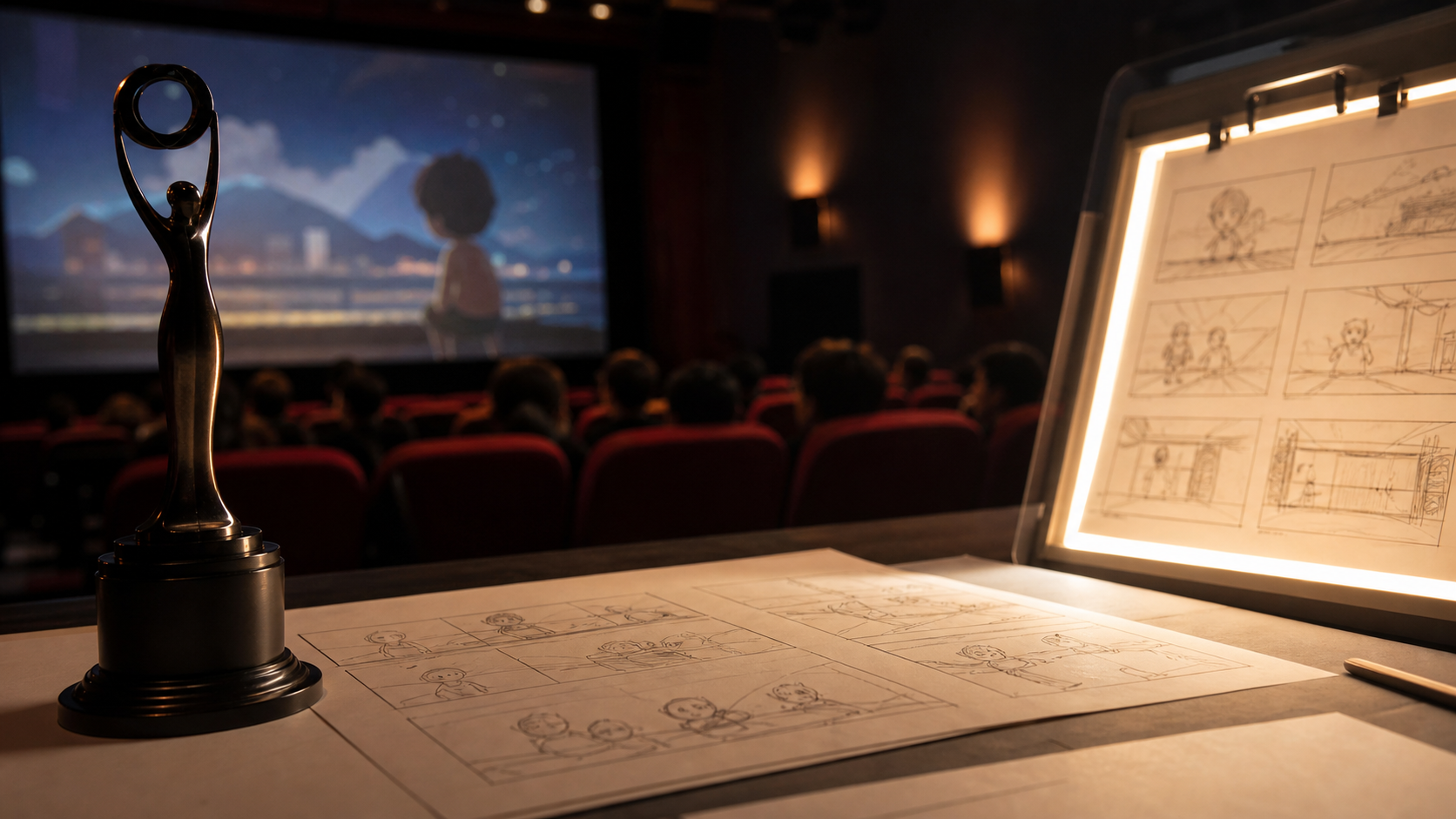 Animation screening room with storyboard sketches, lightbox and festival trophy silhouette.
