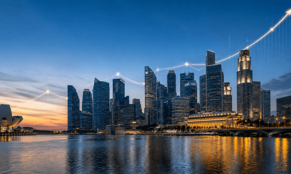 Singapore financial towers at Marina Bay at dusk beneath an illuminated market line.