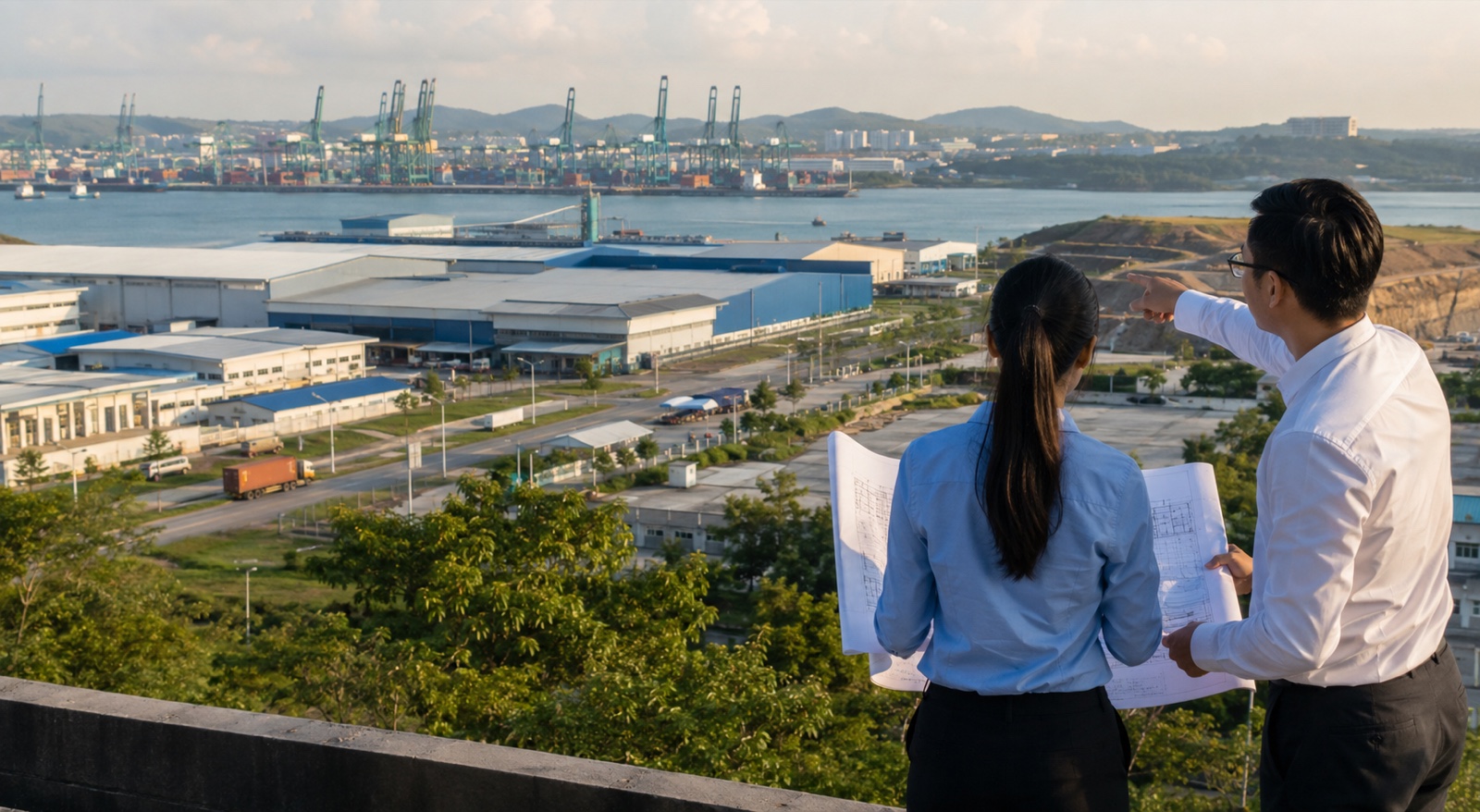 Illustrative scene overlooking an industrial and logistics zone in Batam.