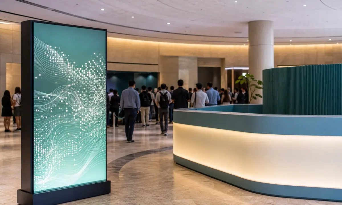 Data event visual with stage programming, AI governance source streams and dated agenda cues.