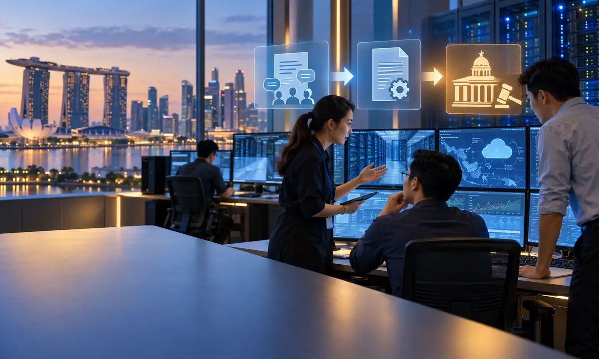 Singapore data-centre engineers review infrastructure resilience plans in a control room.