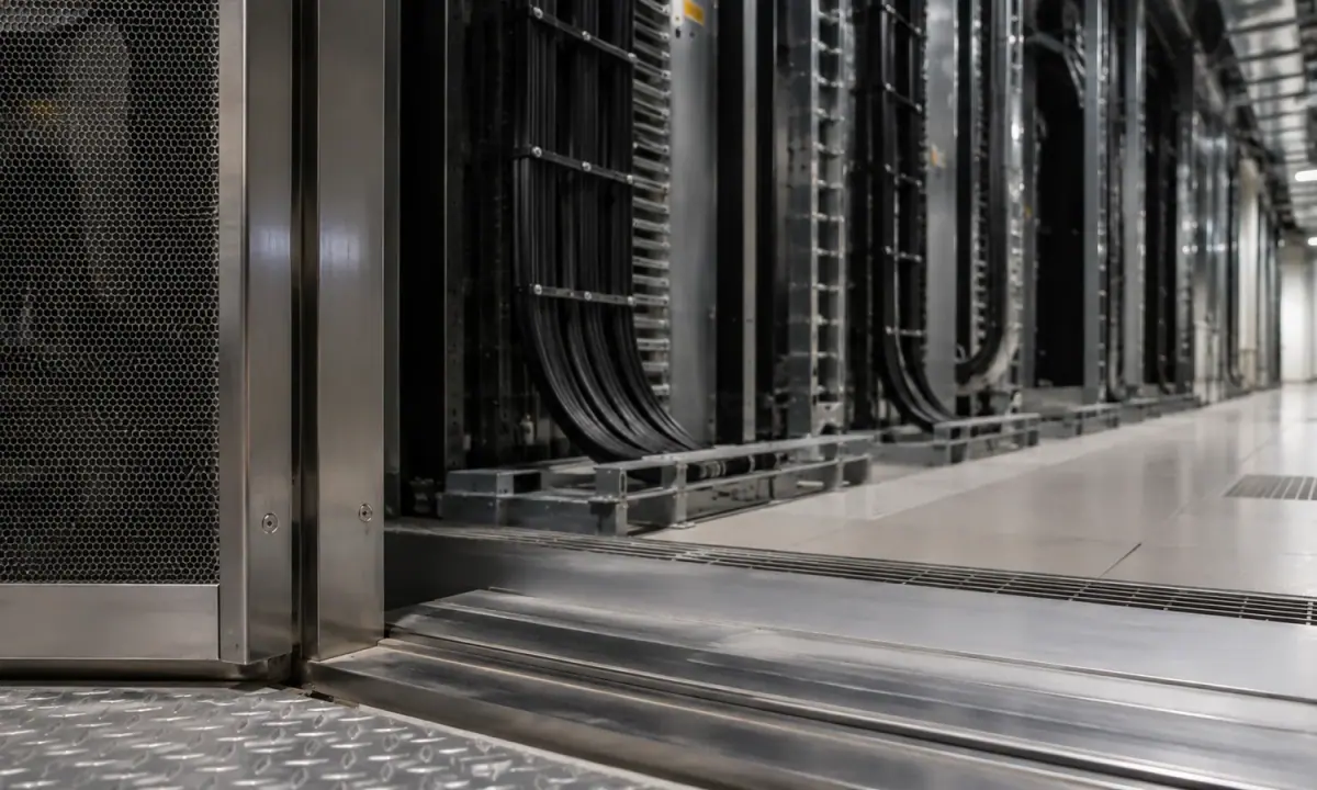 Illustrative close view of non-identifiable data-centre cabling, cooling grilles and controlled-access infrastructure in neutral daylight