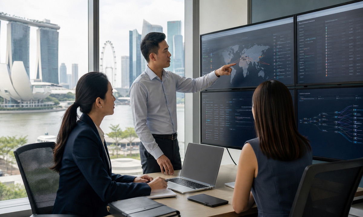 Compliance specialists review digital-asset transaction controls in a Singapore office overlooking Marina Bay.