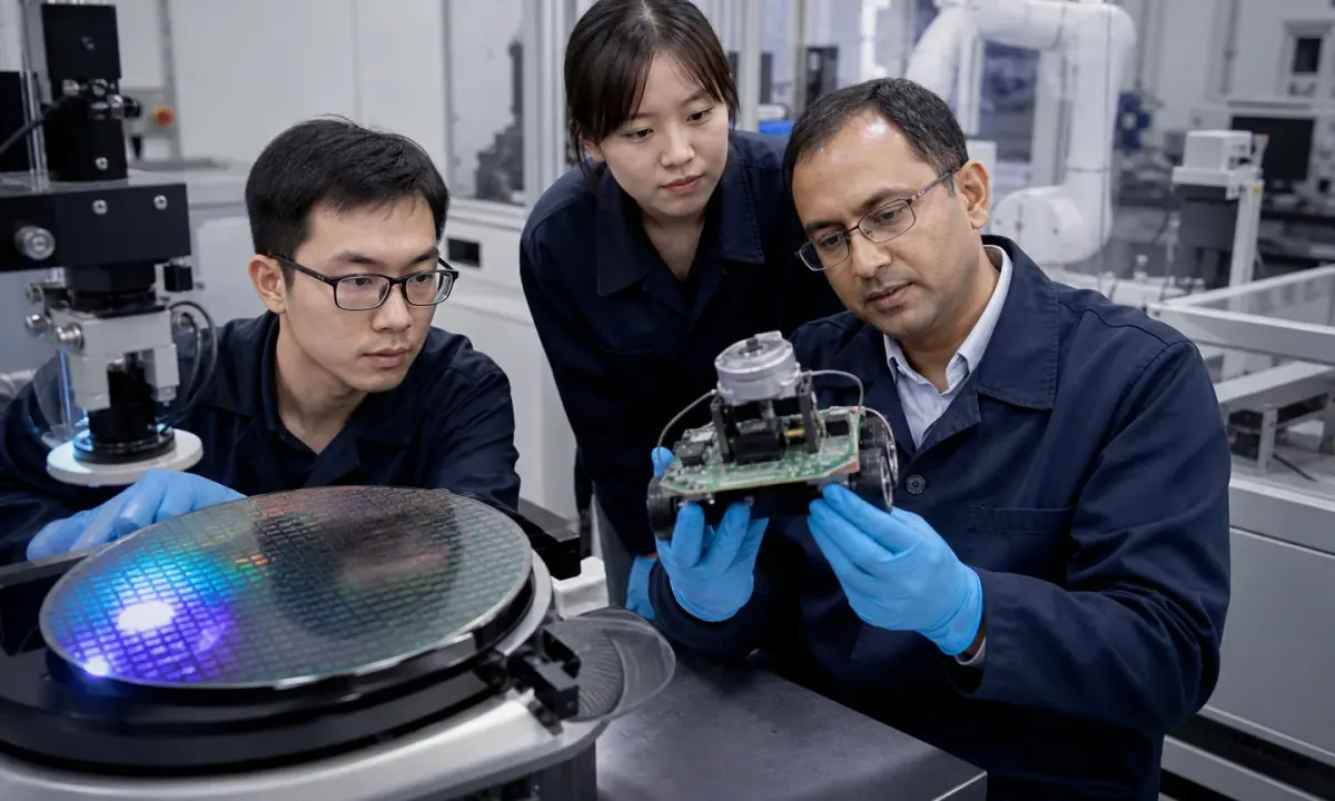 Singapore university and industry researchers inspect a silicon wafer and a compact edge-AI robotics prototype in a semiconductor laboratory.