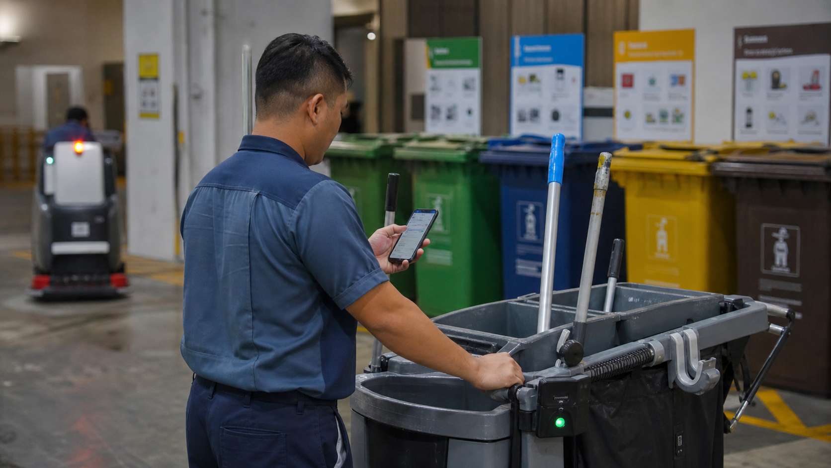 Environmental-services worker with cleaning equipment and waste-sorting bins in an operations corridor.