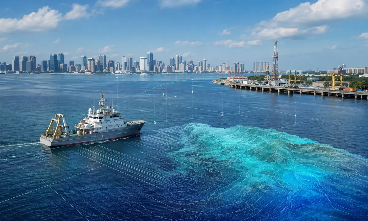 A marine survey vessel operates beside a digital representation of seabed data near Singapore.