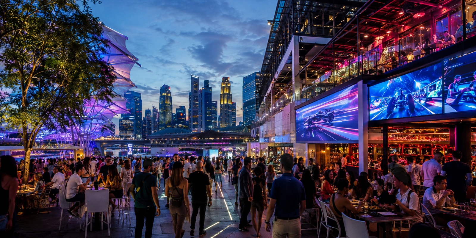 Illustrative Singapore city scene showing visitor, retail and motorsport-season activity.