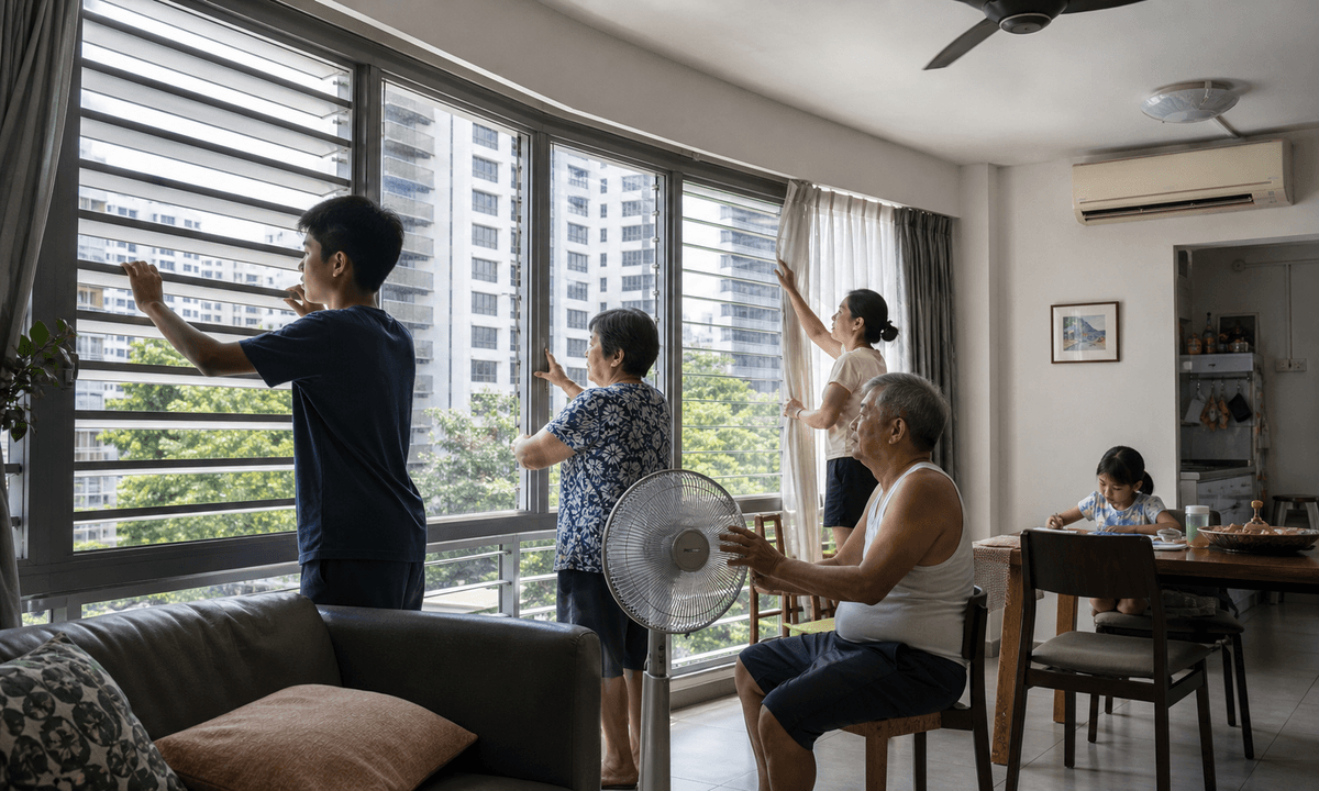 A multigenerational Singapore household adjusts windows, curtains and fans in a high-rise apartment during a hot afternoon.