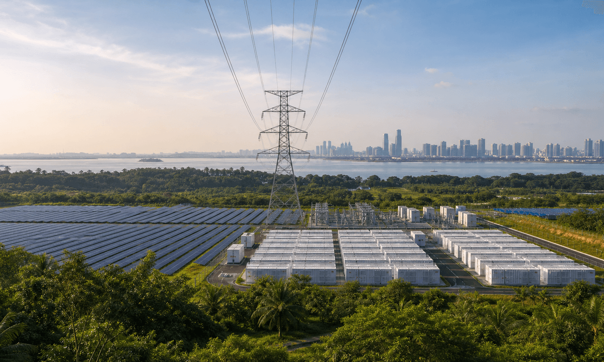 Solar panels, battery storage and high-voltage transmission infrastructure across the Johor-Singapore corridor.