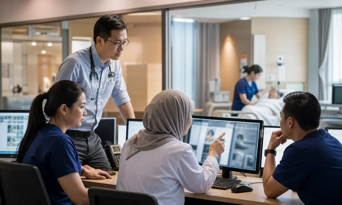 Singapore clinicians review a secure AI-assisted care workflow while patient care remains human-led in a modern hospital.
