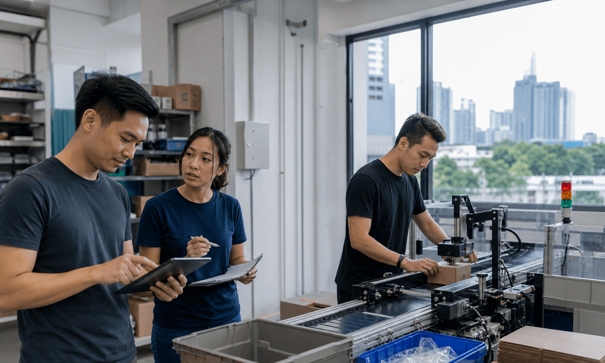A Singapore small-business team reviews an AI-assisted workflow beside a compact packing line.