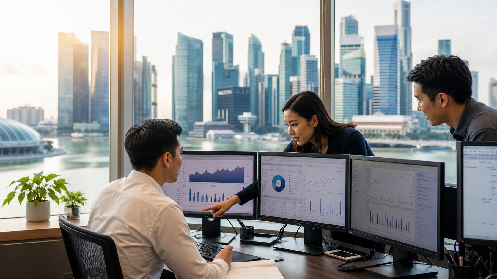 Singapore investment analysts reviewing market trends against the city financial district