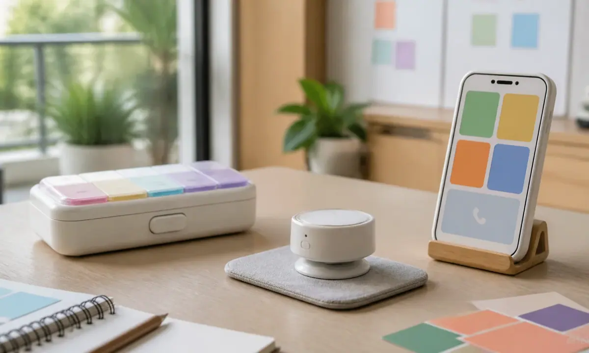 Ageing-support prototypes including a medication organizer, safety sensor and large-button mobile interface