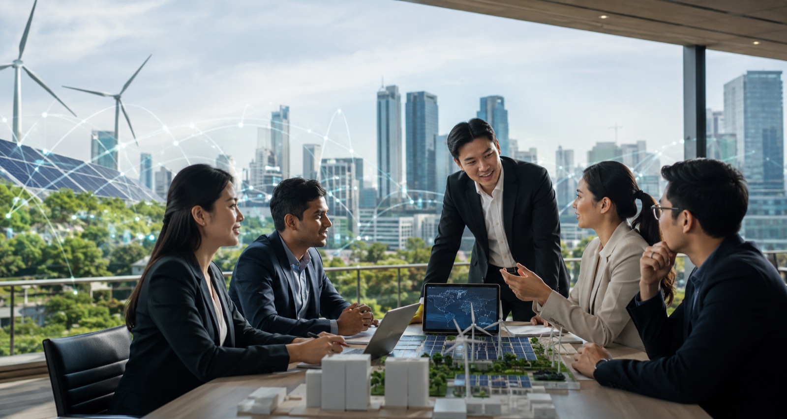 Illustrative scene of Southeast Asian teams discussing green energy and digital connectivity.