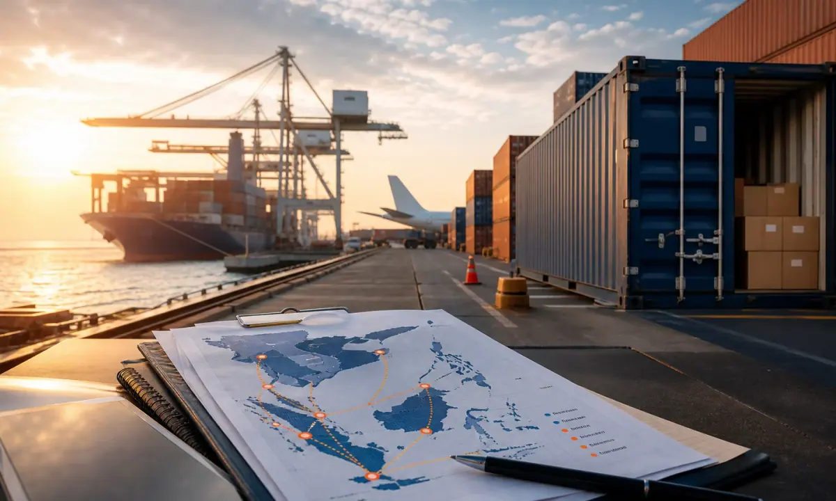 Regional expansion route planning shown alongside Southeast Asia logistics and market-entry materials.